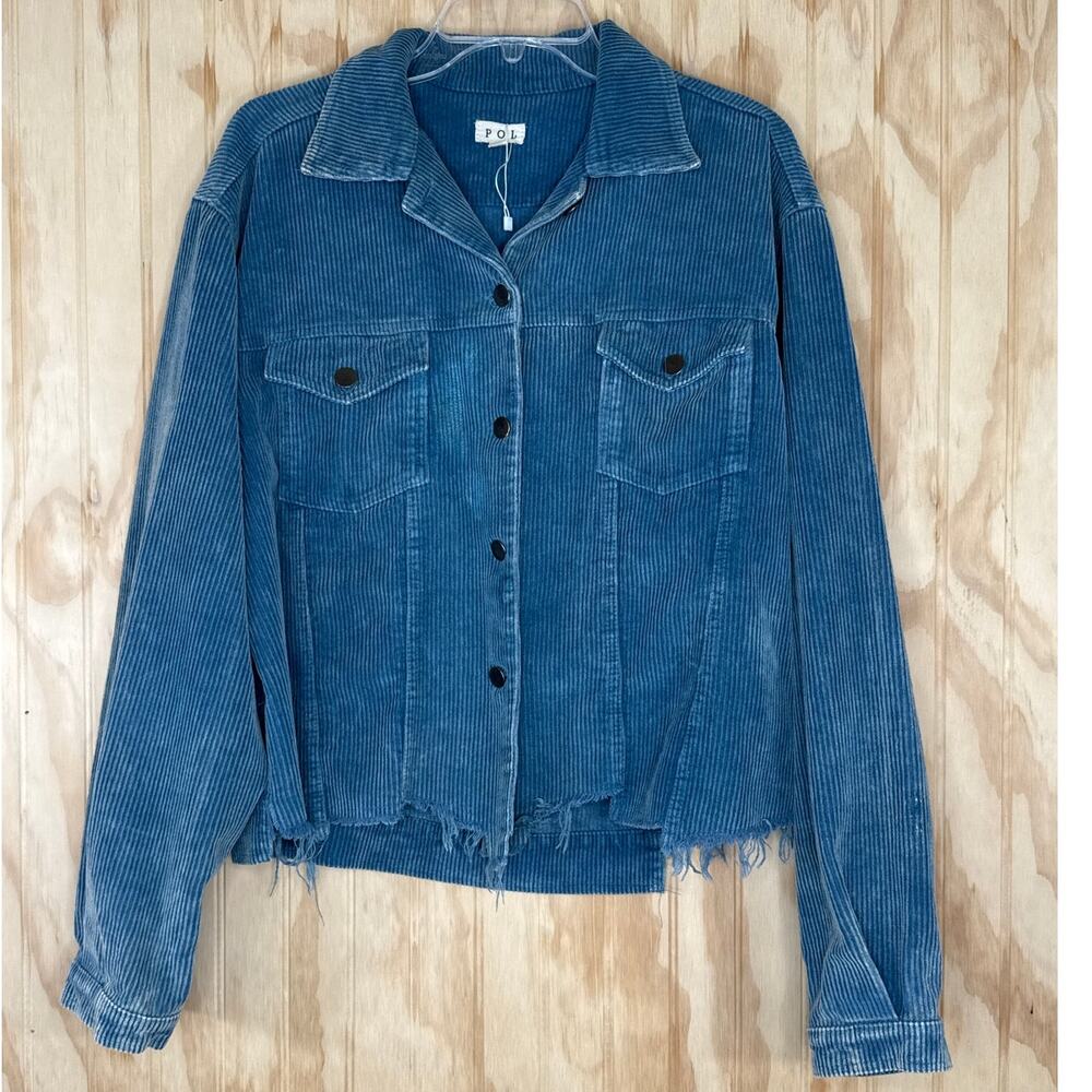POL Corduroy Distressed Boho Jacket, Blue Raw Hem, Grunge, Oversize, Asymmetric